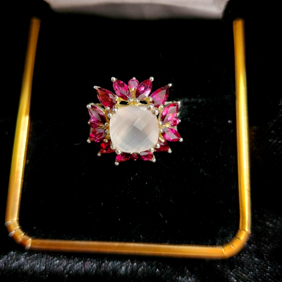 925 Sterling Silver Rose Quartz & Rhodolite Ring